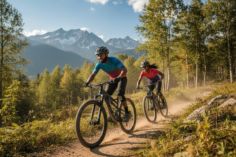black man and woman mountain biking